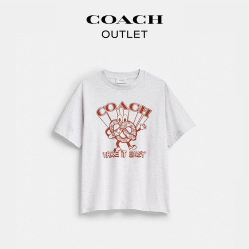 【新款】COACH/蔻驰奥莱女士棉质PRETZEL图案白色休闲短袖T恤