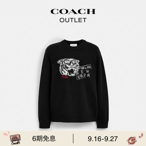 COACH/蔻驰奥莱男士老虎图案黑色圆领针织衫毛衣休闲