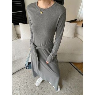 司南 早春新款 天丝羊毛混纺纸片人假两件绑带收腰连衣裙 SN8610