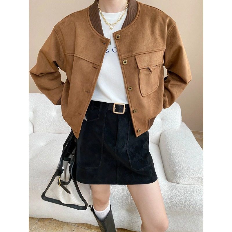 司南 炸街指南 美式复古仿麂皮绒宽松显瘦棒球服夹克外套 SN8017