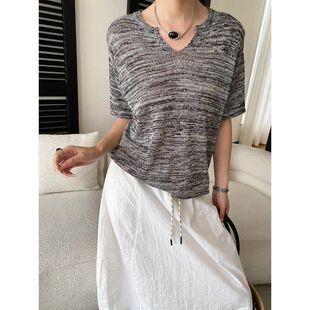 司南 随性腔调 天丝亚麻混纺剪刀V领宽松慵懒短袖针织衫 SN8970