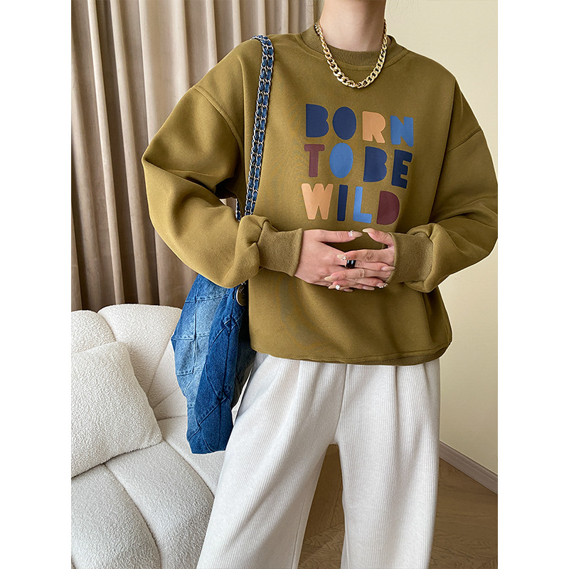 司南 随性艺术感字母 美式休闲宽松慵懒圆领加绒卫衣叠穿 SN4836