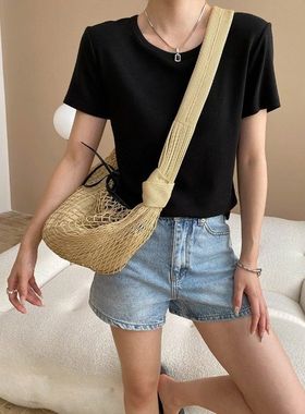 司南 淡人舒适区 简约风基础款纯色气质正肩显瘦短袖T恤 SN7309