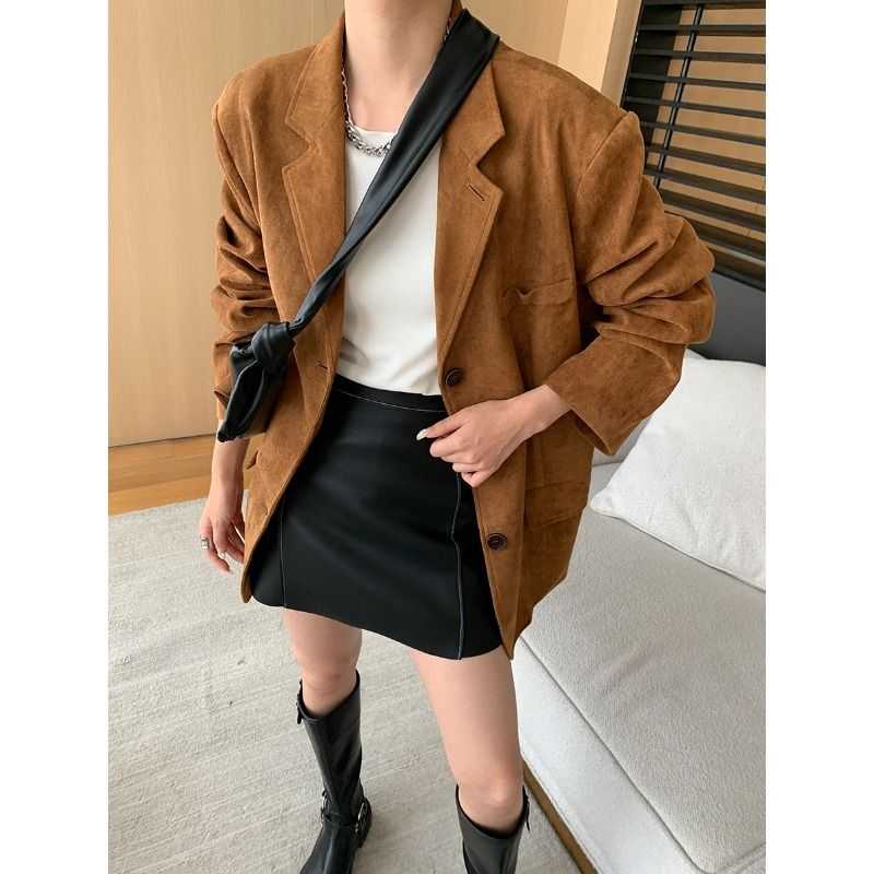 司南 时髦中古风 仿麂皮绒廓形宽松西装外套2024早秋新款 SN6068