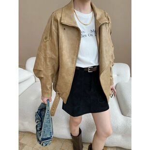 司南 废土做旧感 美式哑光纹理PU皮翻领机车风皮衣外套 SN8019