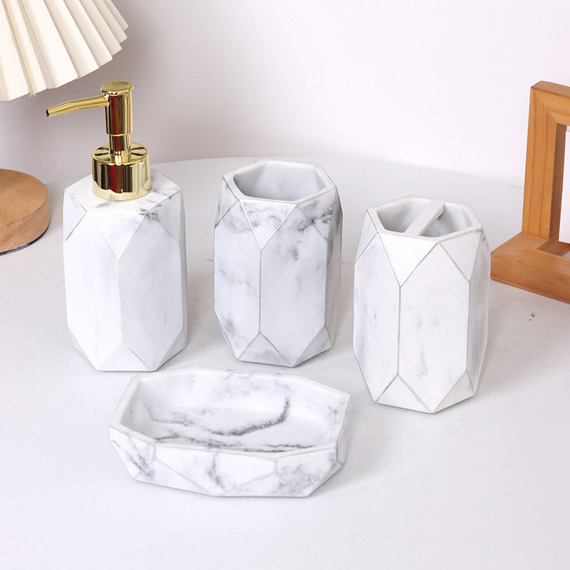 简易卫生间大理石四件套刷牙杯香皂盒洗手液瓶牙刷杯卫浴套装树脂