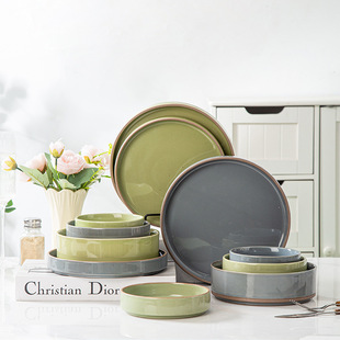 粗陶碗碟套装家用餐具高颜值陶瓷菜盘子复古日式托盘饭碗沙拉面碗