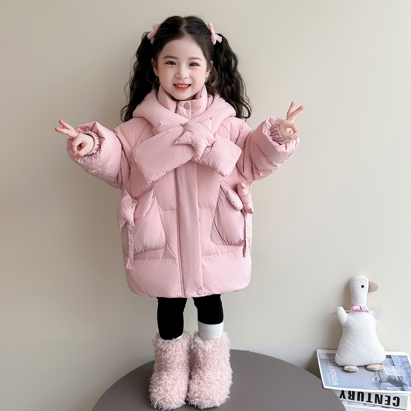 NEXT JASON女童女宝宝粉色连帽中长款羽绒服冬季保暖加厚洋气外套