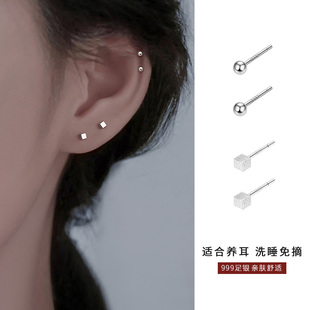 ACC方形耳钉女999纯银圆珠耳环睡觉不用摘耳骨钉2025新爆款 夏耳饰