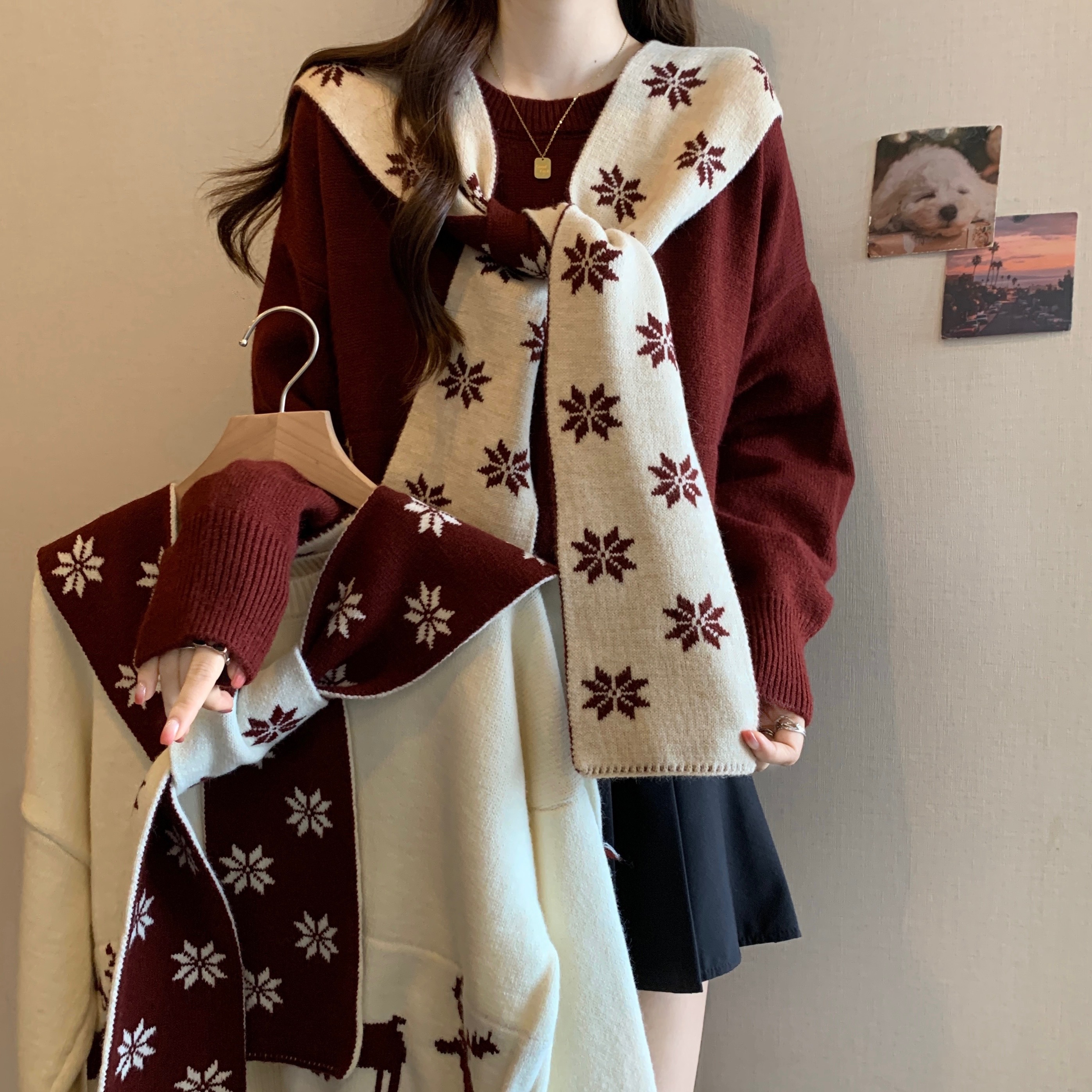 圣诞安哥拉红色刺绣毛衣十披肩女冬大码胖MM复古减龄显瘦针织套装