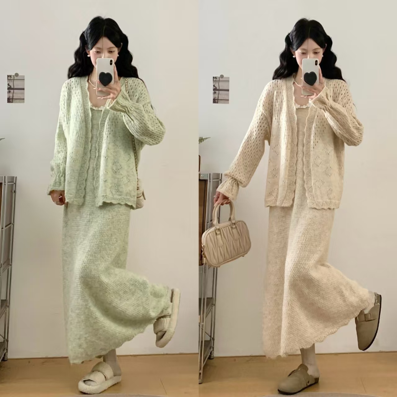 实拍大码2025秋冬洋气时髦新款小清新背心连衣裙镂空开衫套装