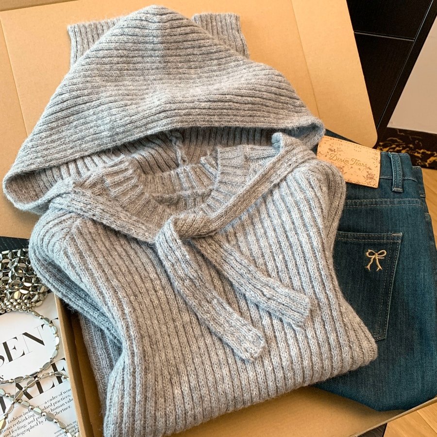 实拍 法式温柔风可拆卸连帽披肩加厚保暖毛衣女秋冬针织外套上衣