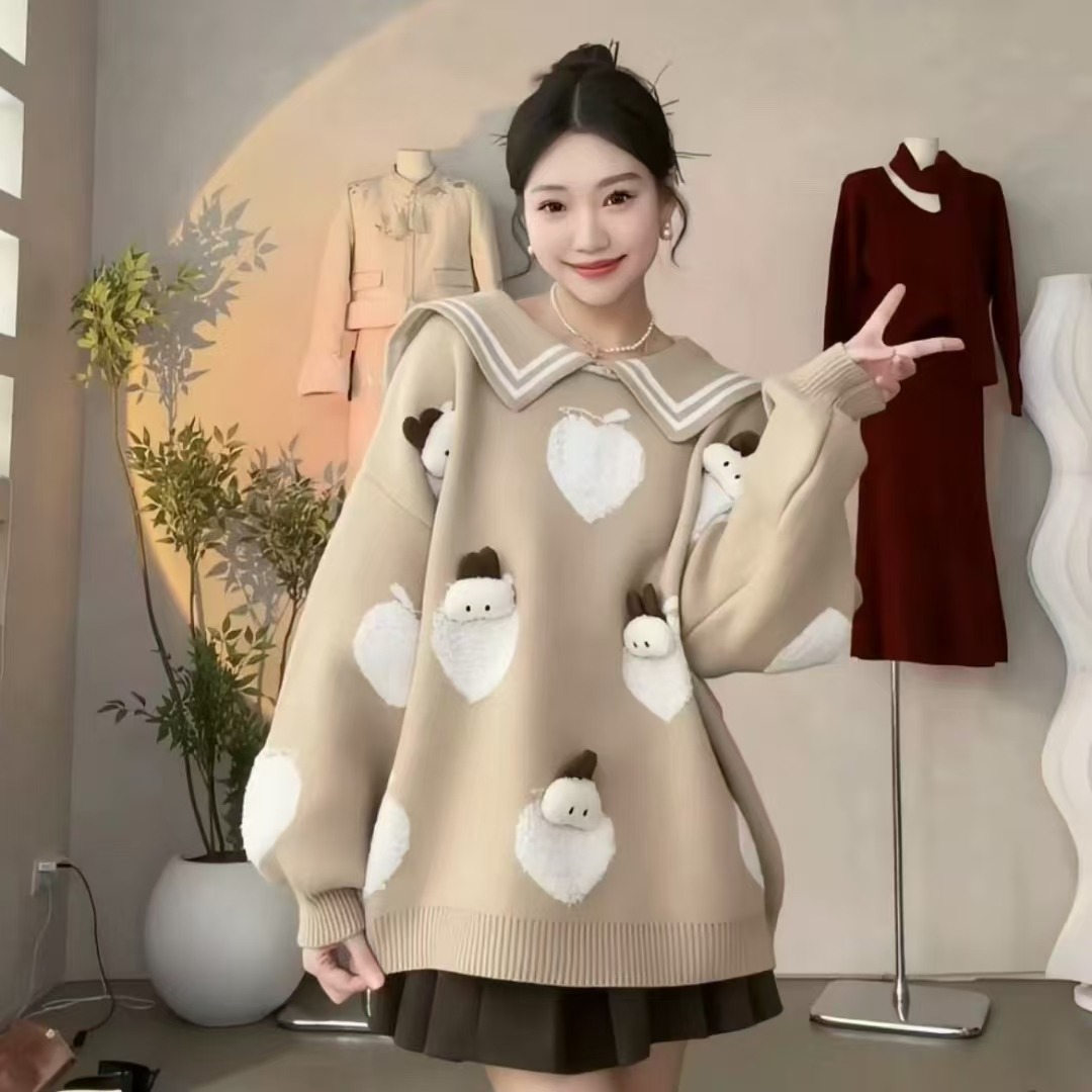 2024胖MM 甜美减龄立体娃娃海军领套头毛衣