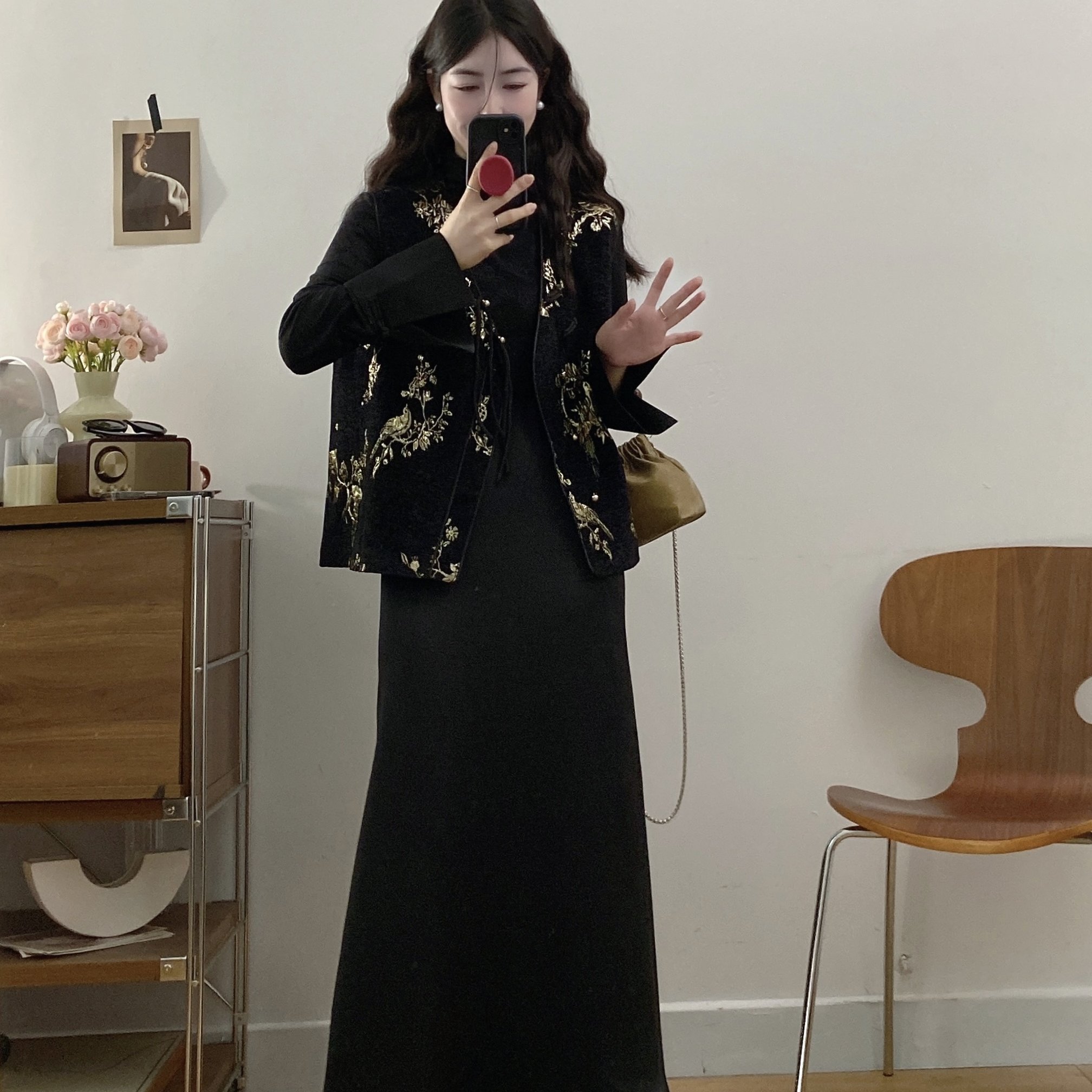 实拍~新中式国风马甲高腰显瘦半身裙长袖上衣三件套