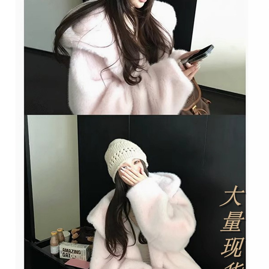 Skk Store 奶油瑞士卷 獨家定染樱花粉环保米兰貂皮草连帽外套女