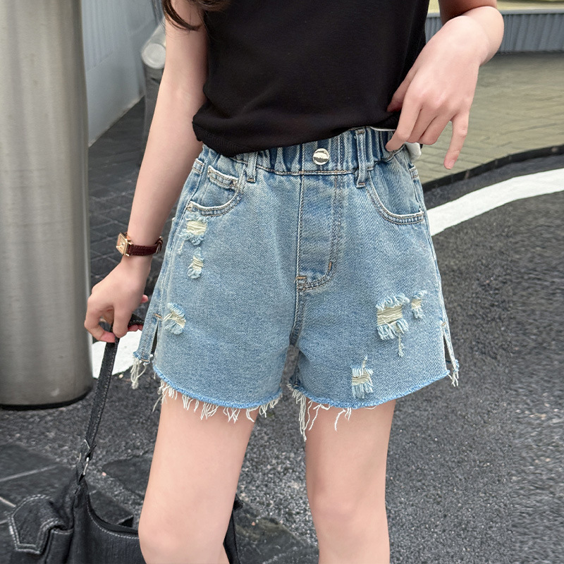 女童夏裤子破洞牛仔短裤中大童2025新款毛边热裤直筒裤韩版高腰