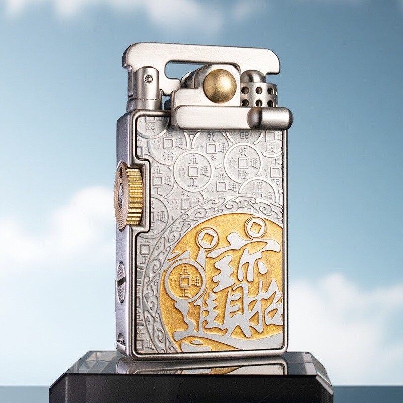 首领摇臂煤油打火机双面浮雕招财进宝高档男士生日礼物高颜值礼盒