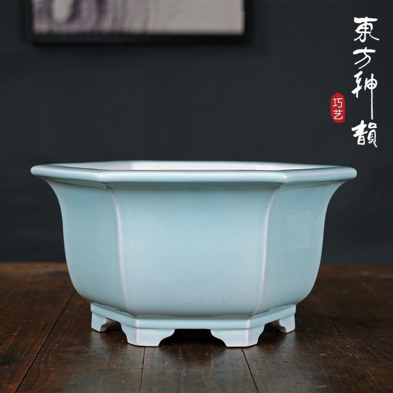 花盆陶瓷轻奢高级感大号六方形多肉绿植盆景盆彩绘贴画中国风新款