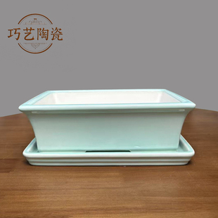 宜兴精品紫砂花盆大号长方形带托盘底座大口径陶瓷盆景盆新中式