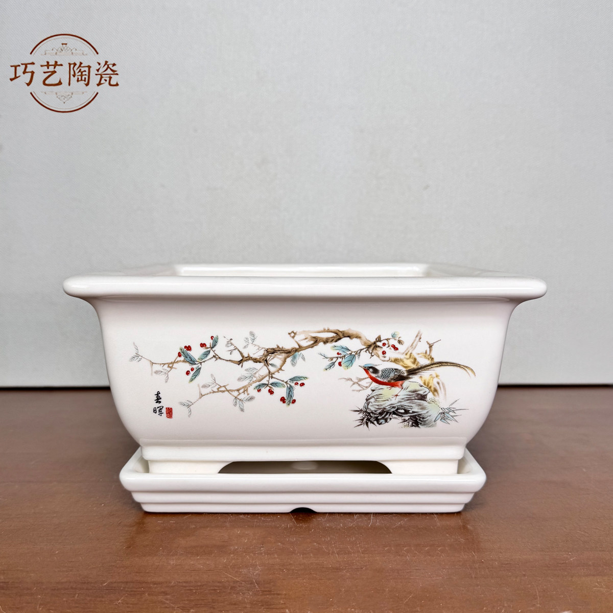新中式花鸟长方形陶瓷盆景盆带托盘家用文竹老桩桌面绿植透气花盆