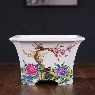 精品紫砂花盆大号四方六方形盆景花盆中国风彩绘贴画绿植盆栽新款