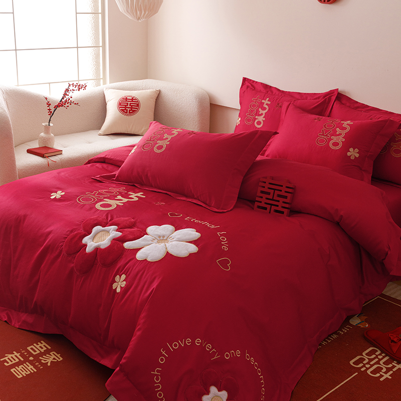 全棉大红色中式婚礼婚庆四件套