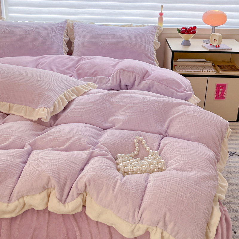 冬季简约韩版公主风牛奶绒四件套加厚紫色小清新被套床裙床上用品