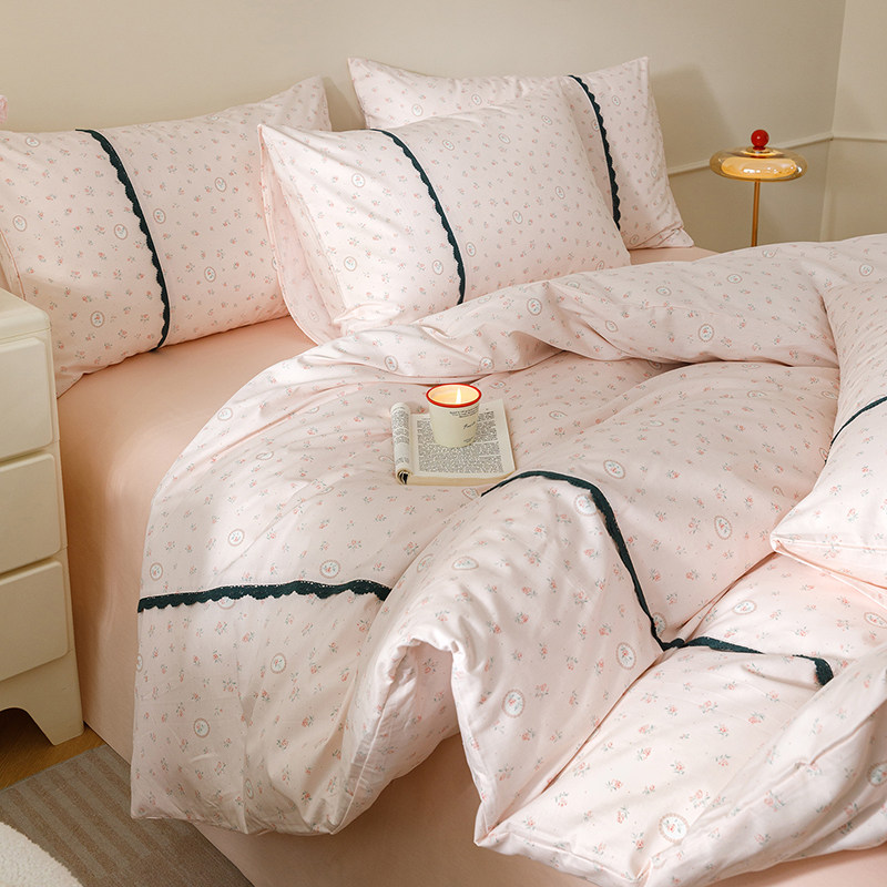 A类纯棉小清新全棉四件套公主风粉色被套简约长绒棉床单床上用品4