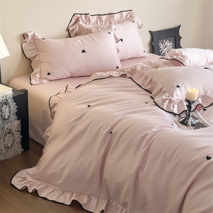 法式 浪漫爱心全棉160支长绒棉四件套高档花边刺绣被套床笠上用品4