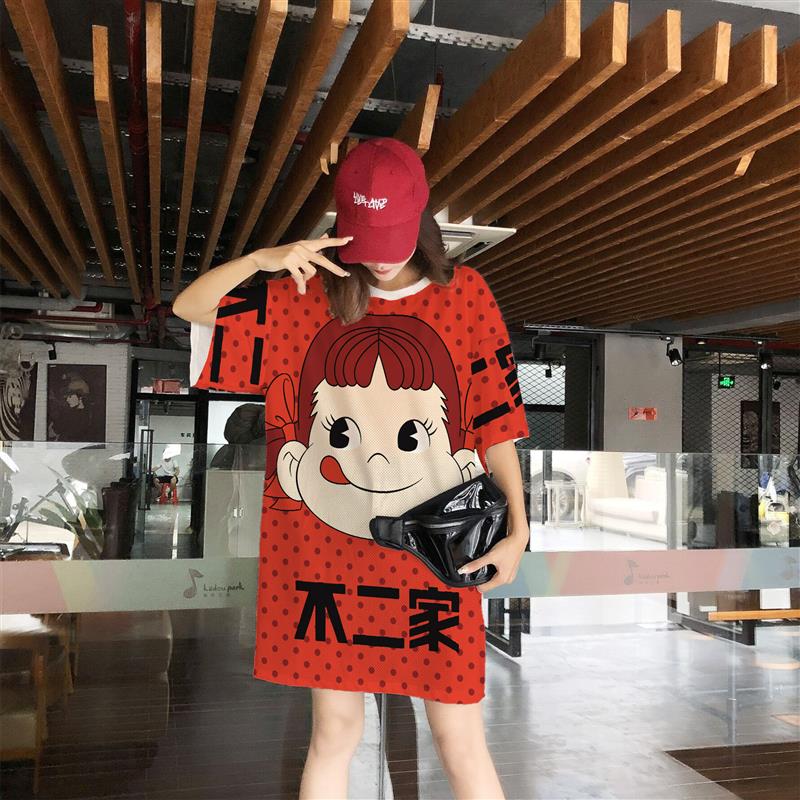 秋夏宽松休闲居家服睡衣中长裙女装短袖T恤红色女孩网眼速干衣