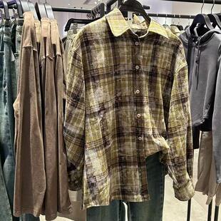 VM NY NB UR复古格子宽松衬衫2024冬做旧格纹腰带式百褶连衣裙女