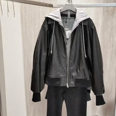 拼接连帽假两件pu皮衣棉服外套