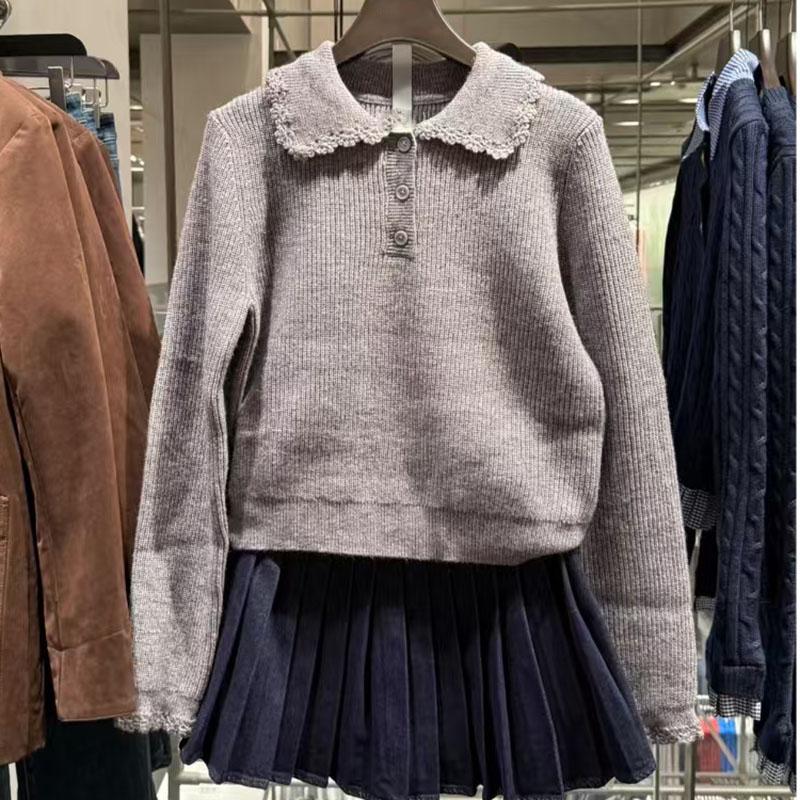 学院风花边翻领短款针织衫上衣女