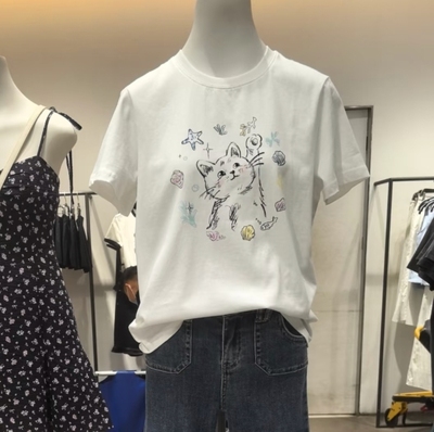 VM NY NB UR2026夏时尚百搭趣味萌宠猫咪印花短袖圆领T恤衫上衣女