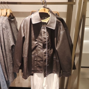 VM NY NB UR2025秋复古摩登宽松廓形PU皮质翻领短款皮衣外套女ins