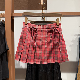 VM NY NB UR2026春复古学院风撞色格纹蝴蝶结系带百褶半身短裙女