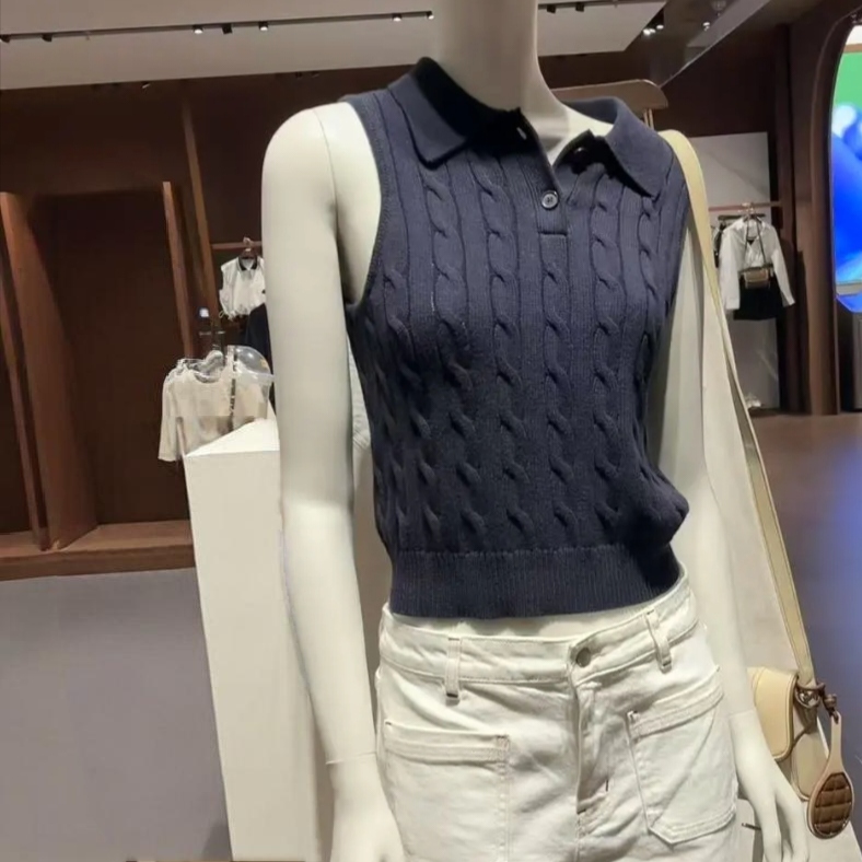 VM NY NB UR2025夏法式气质减龄绞花polo领针织衫背心上衣女ins潮