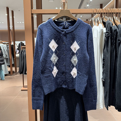 学院风菱形格蝴蝶结圆领针织开衫