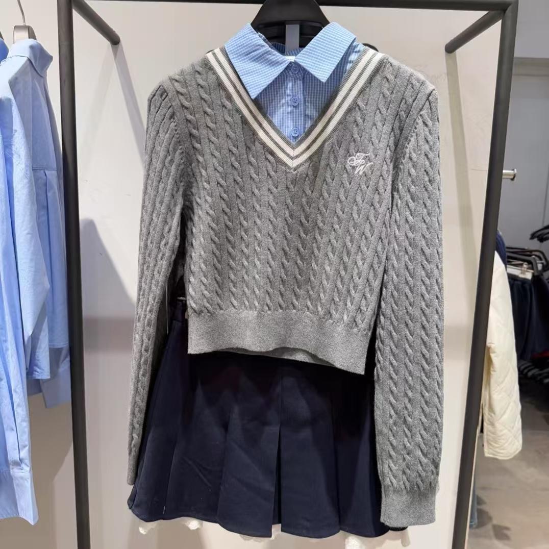 学院风拼接假两件肌理感针织衫