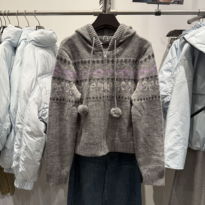 学院风甜美提花连帽抽绳针织开衫