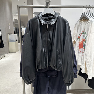 VM NY NB UR2025秋美式复古摩登宽松休闲PU皮衣立领夹克外套女ins
