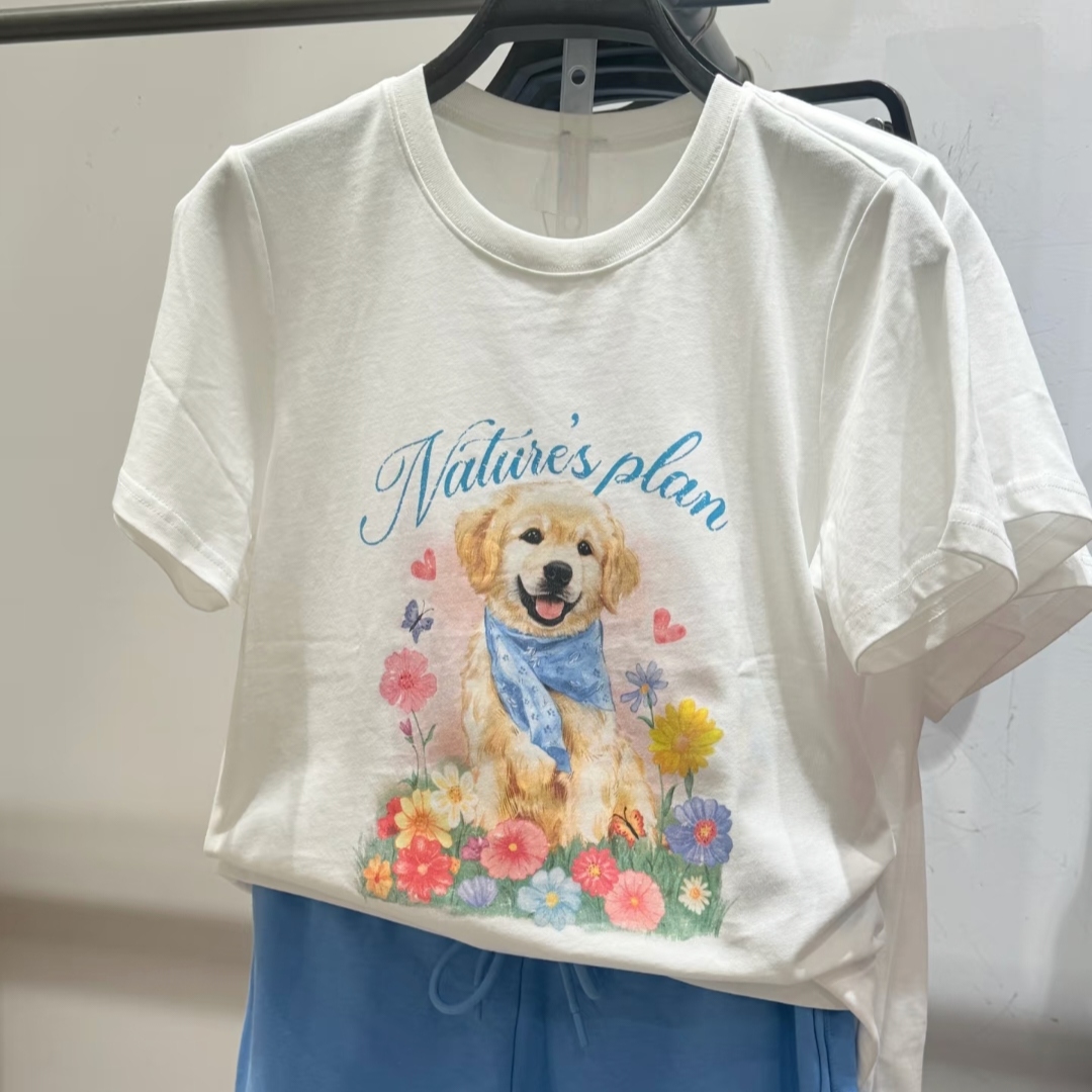 VM NY NB UR2025夏法式甜美减龄趣味萌宠印花短袖T恤衫上衣女ins
