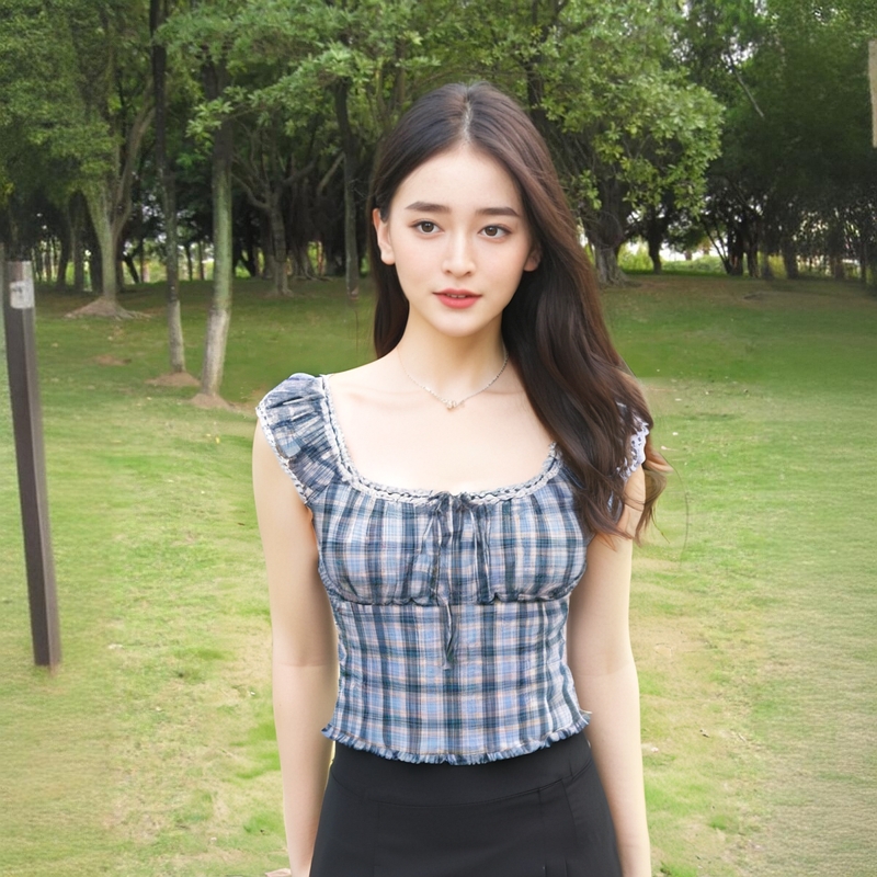 VM NY NB UR2025夏甜美蕾丝木耳边撞色格纹蝴蝶结背心衬衫上衣女