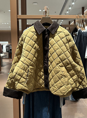 现货VM NY NB UR2025秋时尚灯芯绒拼接轻薄菱格纹翻领羽绒服外套