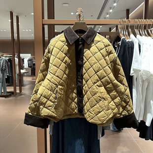 现货VM NY NB UR2025秋时尚灯芯绒拼接轻薄菱格纹翻领羽绒服外套