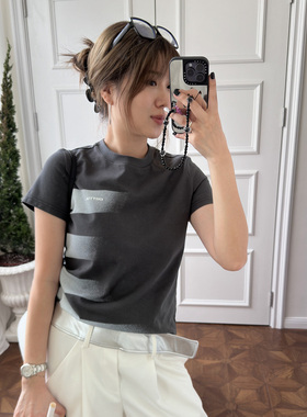 COTTIA 官方旗舰店 2024早春季新款灰色条纹印花TEE百搭高级木兰