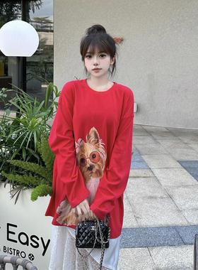 SOFITTE 官方旗舰店24秋季 黑色约克犬趣味印花长袖T恤