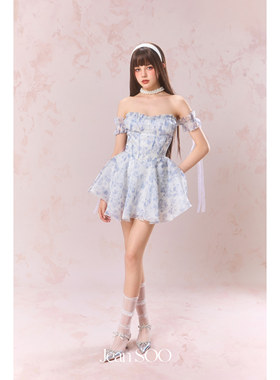 Jean SOO 25SS 蓝调鸢尾一字肩波光抹胸裙