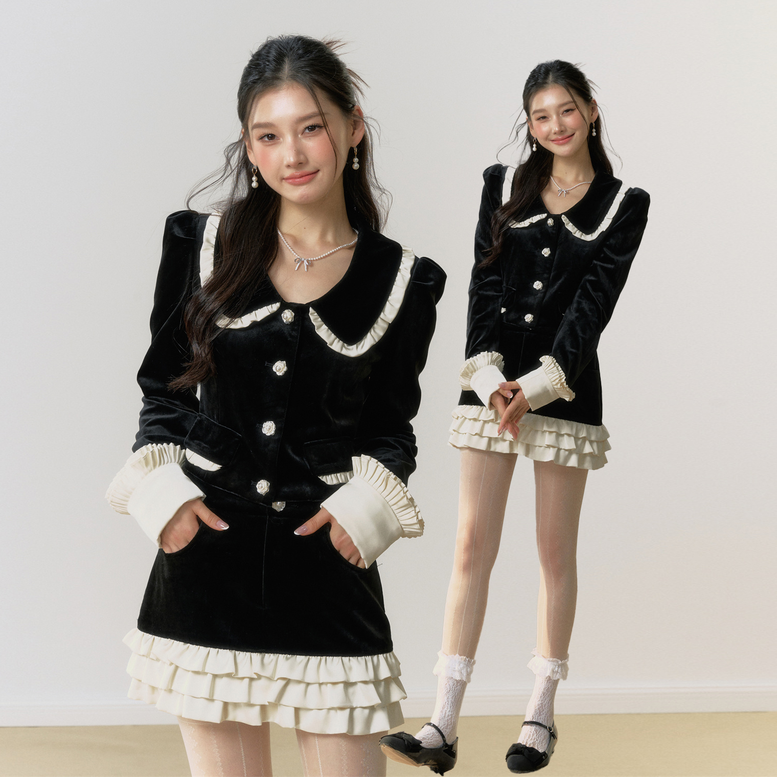 2024年秋季复古千金丝绒木耳边小