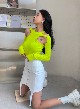 5折 Dion Lee 折扣 白色鱼骨半裙 荧光黄针织衫